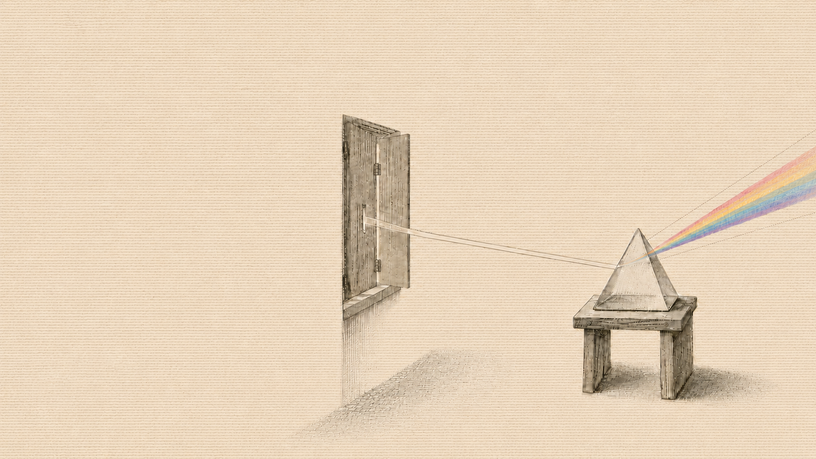 A hand-drawn experiment: a narrow beam enters through a shutter, crosses a room to a glass prism on a wooden table, and leaves as a hand-tinted spectrum.