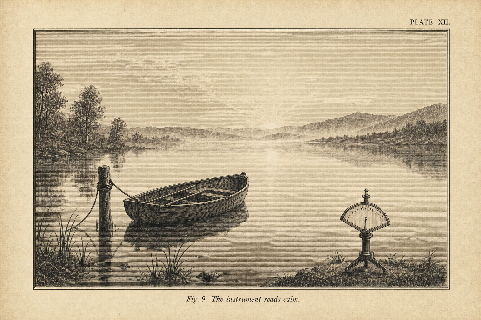 An antique engraving of a still lake at dawn, a moored rowing boat, and a small dial instrument on the shore reading CALM.