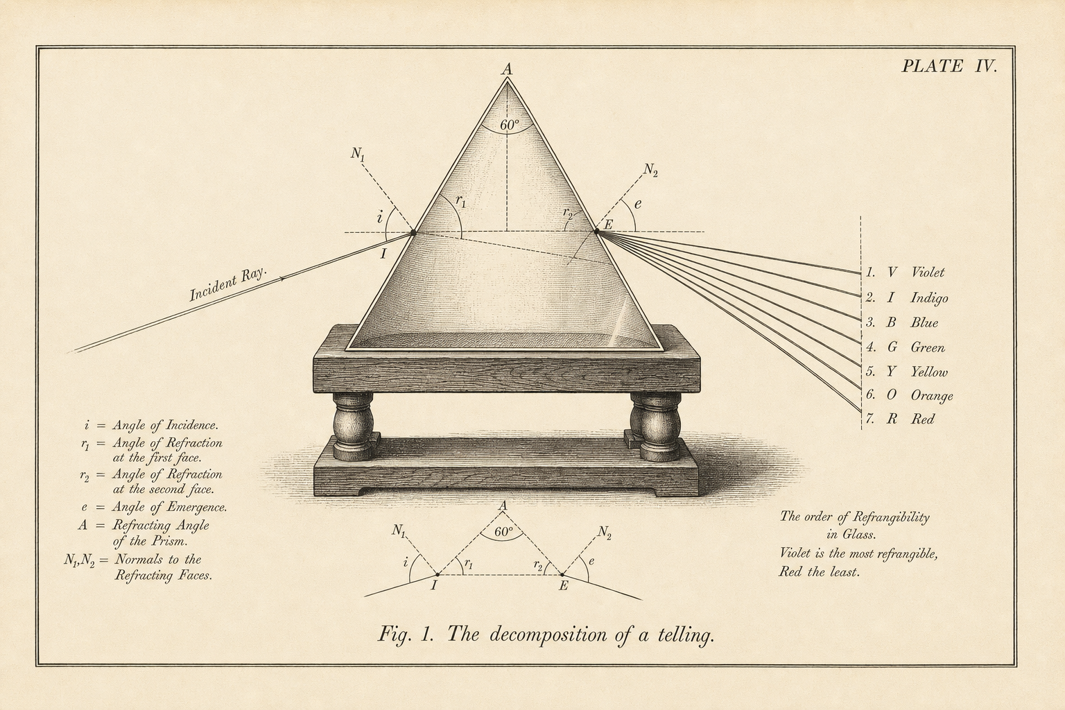 An antique optics engraving of a prism decomposing a beam of light into a labeled spectrum.