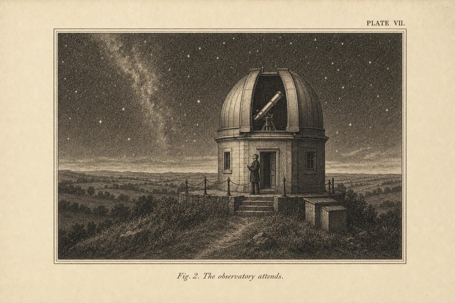 An antique engraving of a hilltop observatory at night, dome open, a figure at the door.